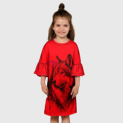 Платье клеш для девочки Рисунок волка на красном, цвет: 3D-принт — фото 2