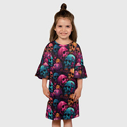 Платье клеш для девочки Поле яркий черепов и цветов, цвет: 3D-принт — фото 2