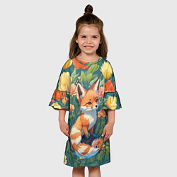 Платье клеш для девочки Лисёнок в цветочном поле, цвет: 3D-принт — фото 2