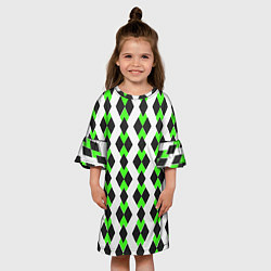 Платье клеш для девочки Чёрные и зелёные ромбы на белом фоне, цвет: 3D-принт — фото 2