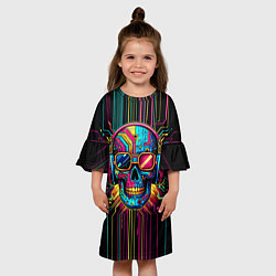 Платье клеш для девочки Кибер череп в очках - неоновое свечение, цвет: 3D-принт — фото 2