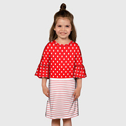 Платье клеш для девочки Красно-белый в горошек с полосами, цвет: 3D-принт — фото 2