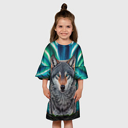 Платье клеш для девочки Серый волк стоящий перед водопадом под северным си, цвет: 3D-принт — фото 2
