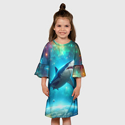Платье клеш для девочки Большая белая акула в космическом пространстве, цвет: 3D-принт — фото 2