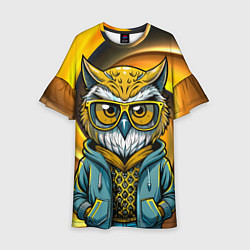 Платье клеш для девочки Модная сова и желтый спиральный фон, цвет: 3D-принт
