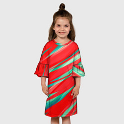 Платье клеш для девочки Красный и бирюзовый абстрактный полосы, цвет: 3D-принт — фото 2