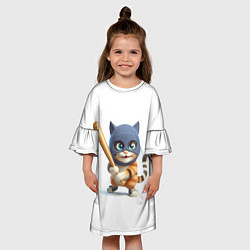Платье клеш для девочки Прикольный котёнок с бейсбольной битой и в балакла, цвет: 3D-принт — фото 2