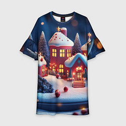 Платье клеш для девочки Объемный новогодний городок, цвет: 3D-принт