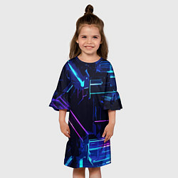 Платье клеш для девочки Сине-розовые полосы на чёрном фоне, цвет: 3D-принт — фото 2