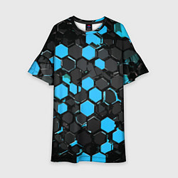 Платье клеш для девочки Сине-серые шестиугольники на чёрном фоне, цвет: 3D-принт