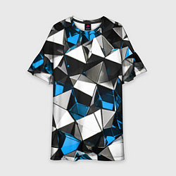 Платье клеш для девочки Сине-белые рельефные треугольники на чёрном фоне, цвет: 3D-принт