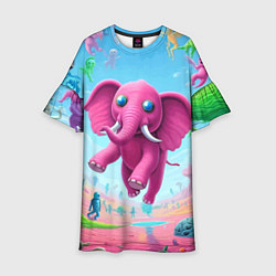 Платье клеш для девочки Парящий в воздухе розовый слон - сюрреализм, цвет: 3D-принт