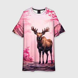 Платье клеш для девочки Лось в розовом лесу, цвет: 3D-принт