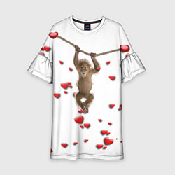 Платье клеш для девочки Обезьянка висит на веревке среди сердечек, цвет: 3D-принт