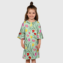 Платье клеш для девочки Тюльпаны цветочный паттерн на светло-зелёном фоне, цвет: 3D-принт — фото 2