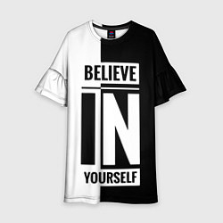Платье клеш для девочки Верь в себя надпись черно белая, цвет: 3D-принт