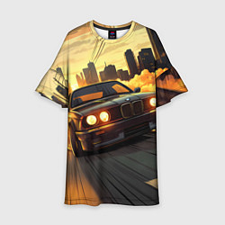 Платье клеш для девочки БМВ на фоне заката, цвет: 3D-принт