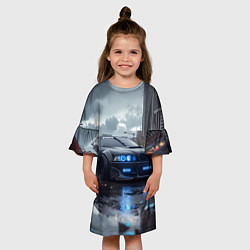 Платье клеш для девочки BMW синие фары дождливая погода, цвет: 3D-принт — фото 2