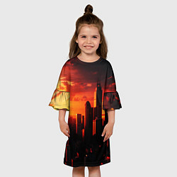 Платье клеш для девочки Стилизованный город оранжевый закат, цвет: 3D-принт — фото 2