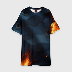 Платье клеш для девочки Разорванный синий камуфляж с огнем, цвет: 3D-принт