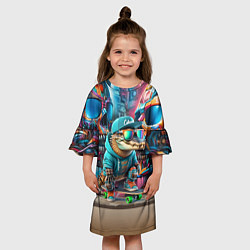 Платье клеш для девочки Крокодилёныш крутой скейтбордист - киберпанк, цвет: 3D-принт — фото 2