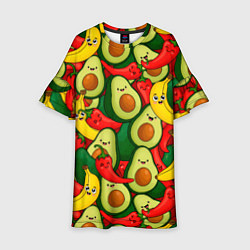 Платье клеш для девочки Авокадо, бананы, перцы чили улыбаются - паттерн фр, цвет: 3D-принт