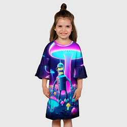 Платье клеш для девочки Робот-сгибальщик Бендер на поляне неоновых грибов, цвет: 3D-принт — фото 2