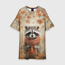 Платье клеш для девочки Осенней енот в шарфе, цвет: 3D-принт