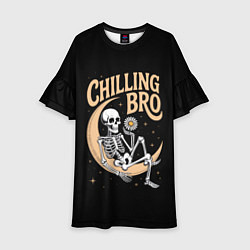 Платье клеш для девочки Скелет держит ромашку и сидит на полумесяце, цвет: 3D-принт