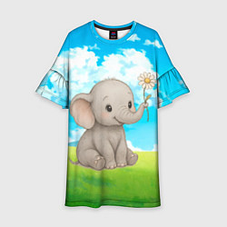 Платье клеш для девочки Слоненок с цветочком, цвет: 3D-принт