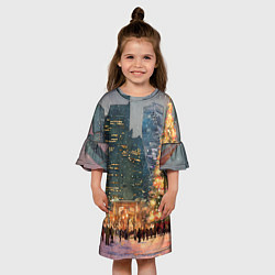 Платье клеш для девочки Москва - сити и новогодняя елка, цвет: 3D-принт — фото 2