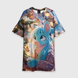 Платье клеш для девочки Синяя новогодняя лошадка, цвет: 3D-принт