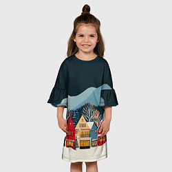 Платье клеш для девочки Новогодний городок в горах, цвет: 3D-принт — фото 2