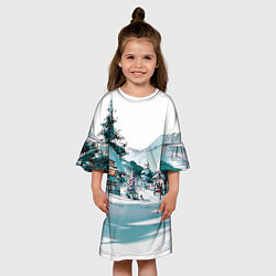 Платье клеш для девочки Дома и елки - Новый год, цвет: 3D-принт — фото 2