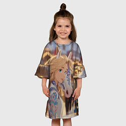 Платье клеш для девочки Блондинка с новогодней лошадкой, цвет: 3D-принт — фото 2