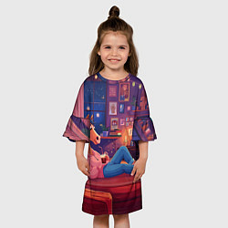 Платье клеш для девочки Конь в Новогодние праздники у телевизора, цвет: 3D-принт — фото 2