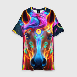 Платье клеш для девочки Неоновая огненная лошадь, цвет: 3D-принт