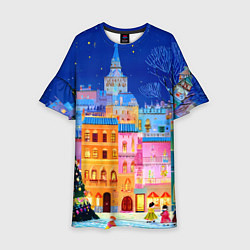 Платье клеш для девочки Разноцветные новогодние домики, цвет: 3D-принт