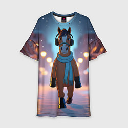 Платье клеш для девочки Конь в шарфе и наушниках, цвет: 3D-принт