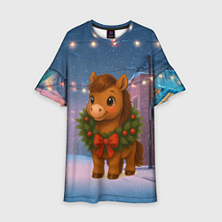 Платье клеш для девочки Лошадка с новогоднем венком 2026, цвет: 3D-принт