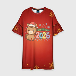 Платье клеш для девочки Новогодняя лошадка 2026 на красном фоне, цвет: 3D-принт