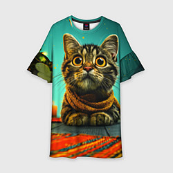 Платье клеш для девочки Котик под елкой, цвет: 3D-принт