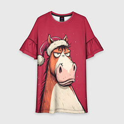 Платье клеш для девочки Комичная новогодняя лошадь, цвет: 3D-принт