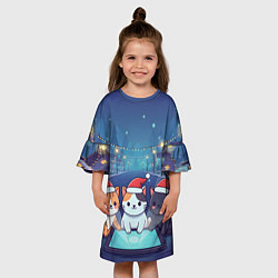 Платье клеш для девочки Новогодние котики с планшетом, цвет: 3D-принт — фото 2