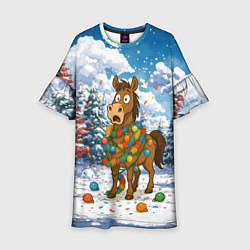 Платье клеш для девочки Новогодняя лошадь в гирлянде, цвет: 3D-принт