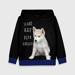 Толстовка-худи детская Sleep Eat Play Repeat Хаски щенок, цвет: 3D-синий