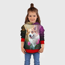 Толстовка-худи детская Корги в розовом кусте, цвет: 3D-красный — фото 2