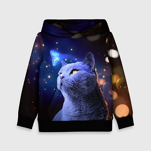 Детская толстовка КОТ И ГОЛУБАЯ БАБОЧКА / 3D-Черный – фото 1
