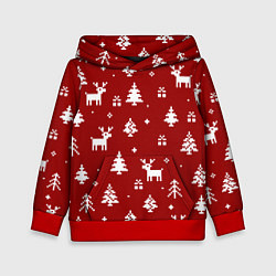 Детская толстовка Новогодние олени и елки на красном фоне