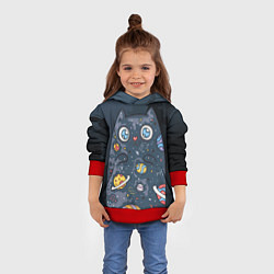 Толстовка-худи детская Космический кот в планетах, цвет: 3D-красный — фото 2